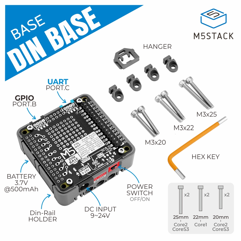 M5Stack Core2 - M5スタックの公式dinベースと500mAhバッテリー