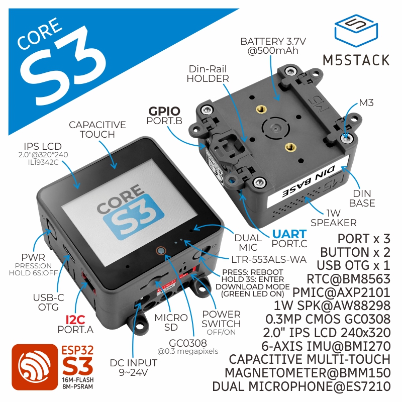M5Stack Core2 - M5Stack公式 ESP32-S3 2.0インチ タッチIPSカメラ 16MBフラッシュメモリ 8MB